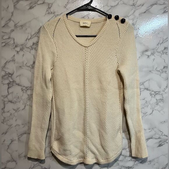 Ba&sh V Neck Women’s Sweater Sz 1 Cream Ribber Knit Wool Cashmere Button Accent - Picture 1 of 10